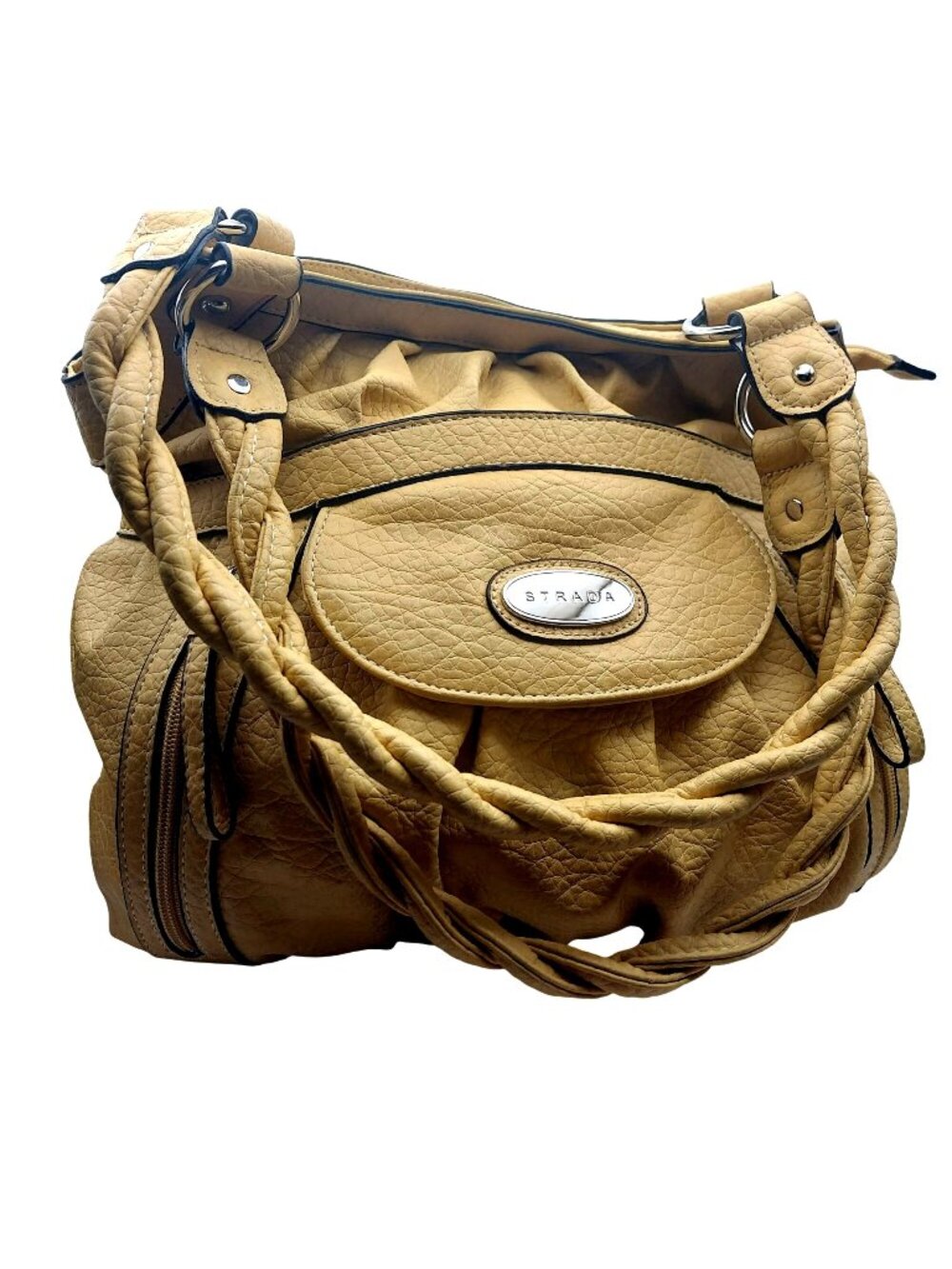 Strada Faux Leather Tote Bag Purse Yellow Braided Handles Zip Top Lined Pockets